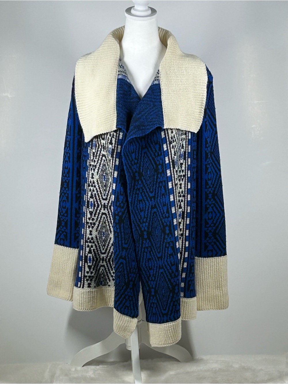Elodie Tribal Geometric Shawl Collar Cardigan Sweater Blue Cream Sz L Mohair